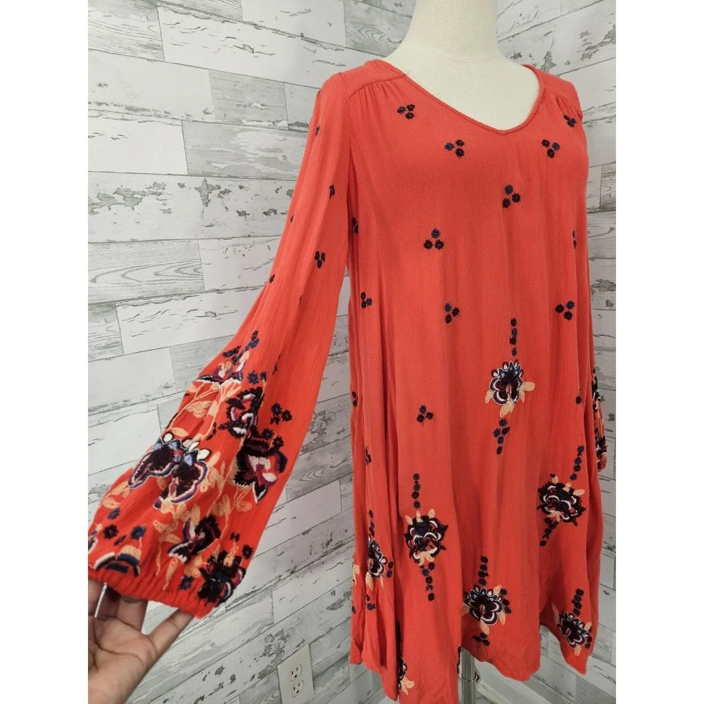 Free People Womens Xsmall Oxford Red Embroidered Floral Mini Dress